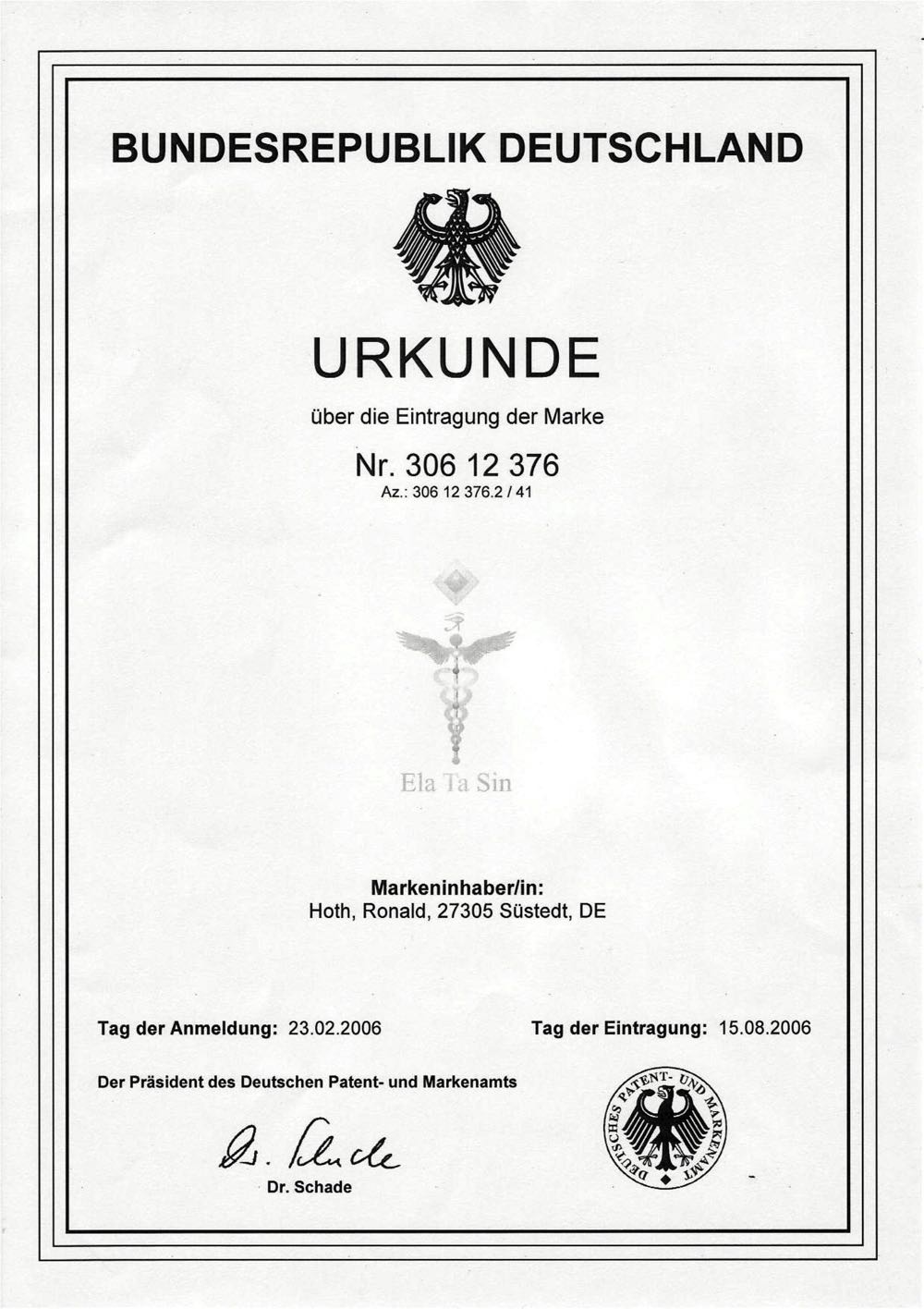 Markenurkunde Elatasin